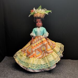 Handcrafted Yellow & Teal Floral Skirt Doll with Basket Hat
